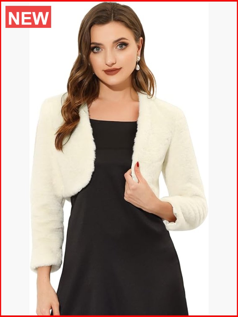Faux Fur Shrug Jacket Formal Bolero Cropped Open Front Long Sleeve